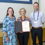 Ingrid Stover (NRK, Norway; middle) and Anders Sivle (met.no; right) received the Technology Achievement Award 2023 for Yr by the incoming EMS President, Liz Bentley.
